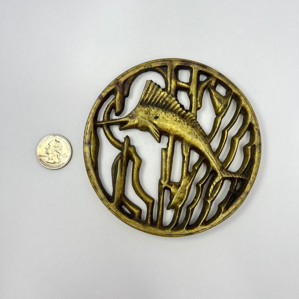 Vintage Brass Marlin Fish Trivet Wall Decor 4.75" Souvenir Sea Island GA Coastal